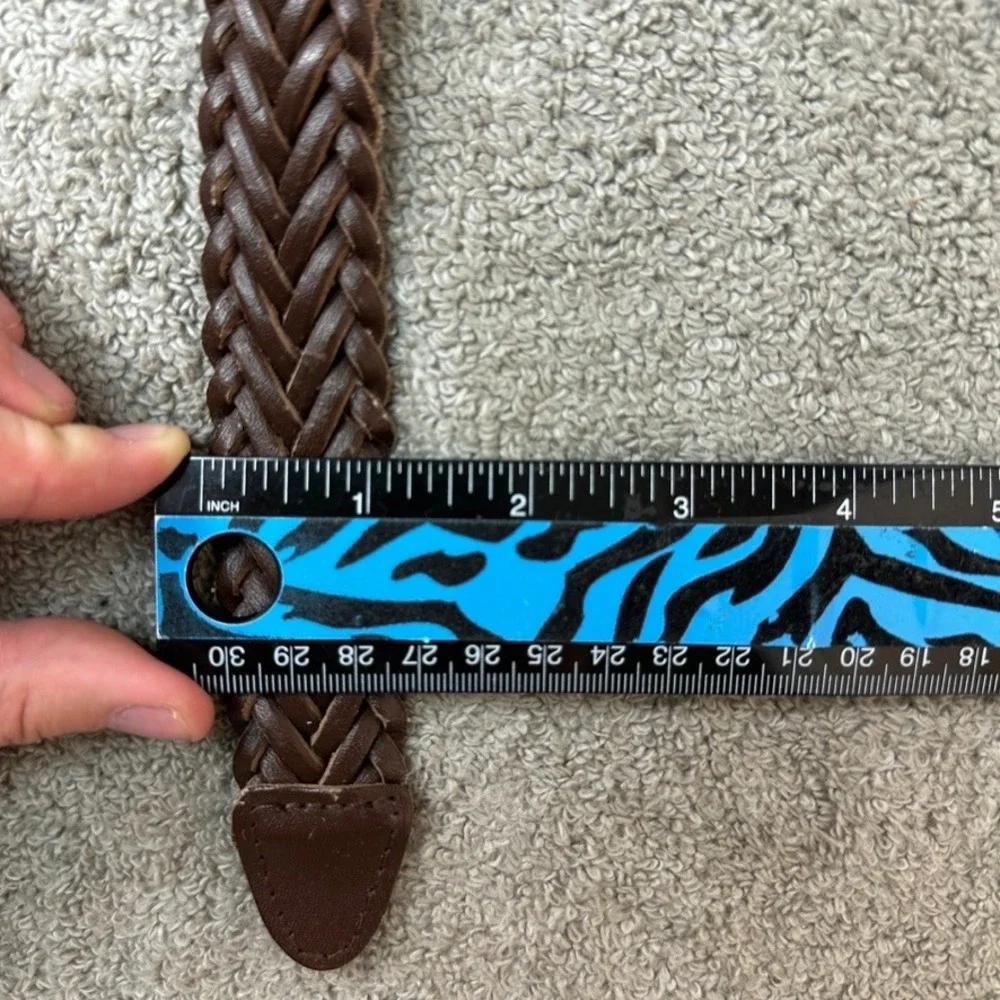 Mens Bonded Leather Braided Belt Dark Brown Woven Adjustable Size 42